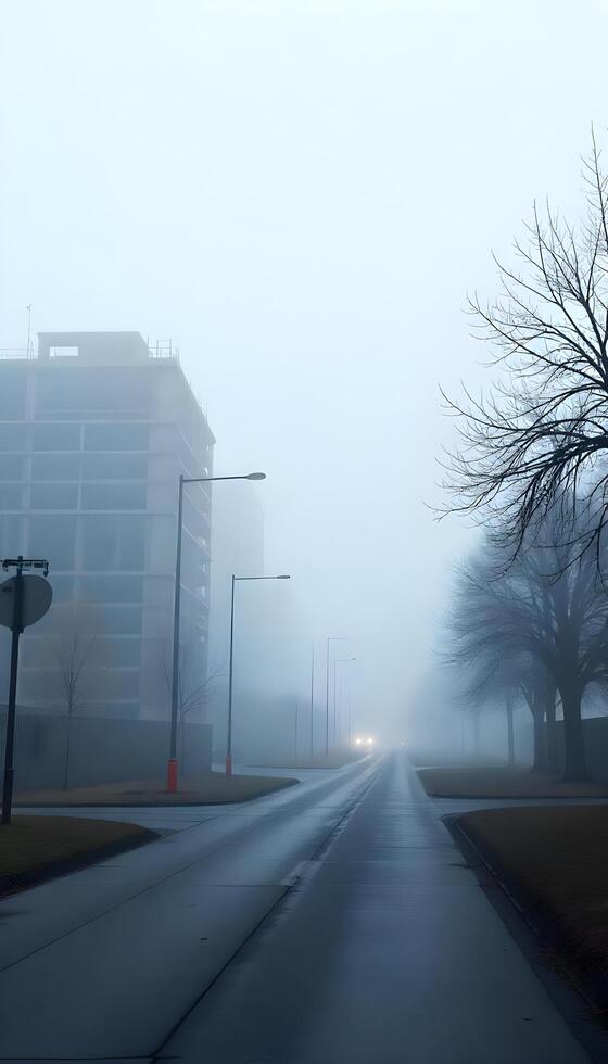 A foggy street with a tree in the middle photo