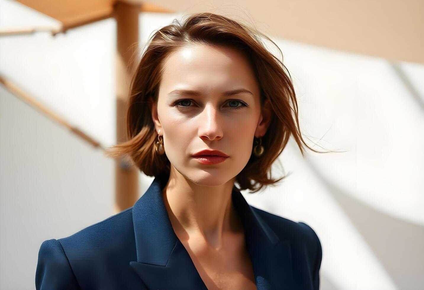 A woman in a blue suit and white shirt photo