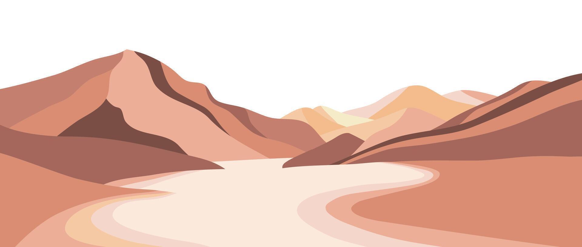Flat design landscape background with mountains, sea, beach and hills. creative minimalist modern art print. use for print art, poster, cover vector
