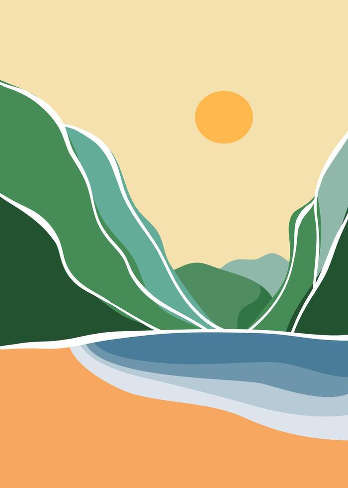 Flat design landscape background with line art, mountains, sea, and hills. creative minimalist modern art print. use for print art, poster, cover vector