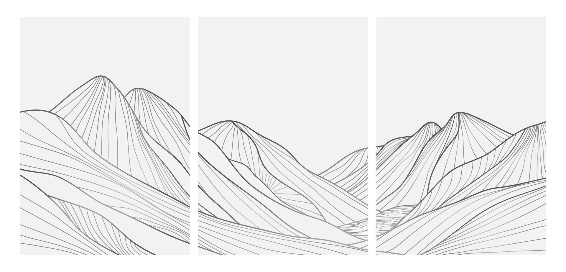 Mountain line arts illustration on set. Hand drawn style. Abstract mountain contemporary aesthetic backgrounds landscapes. use for print art, poster, cover, banner, template vector