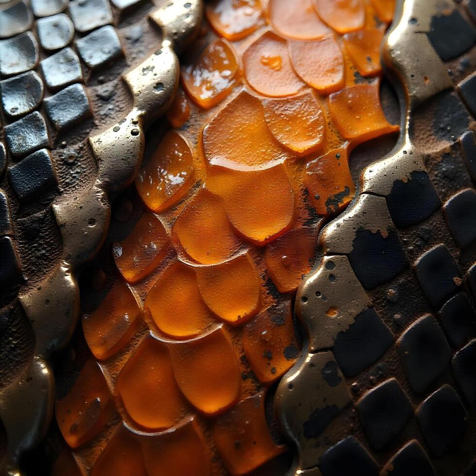 A close up of a snake skin with orange and black scales photo