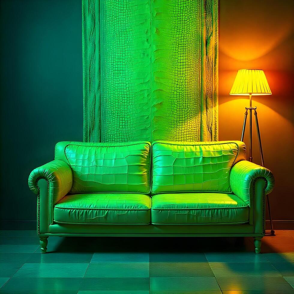 A green couch in front of a lamp photo