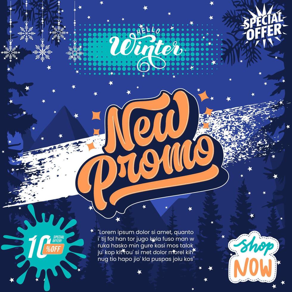 Winter new promo banner design with snow and trees vector