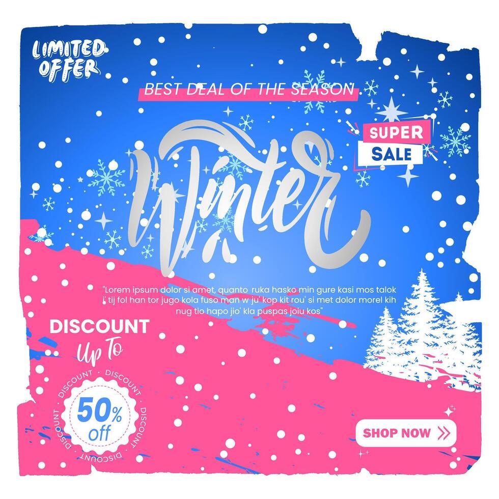 Winter sale banner with snowflakes and trees . vector