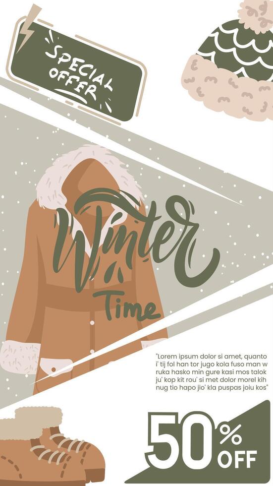 Winter time sale banner with winter clothes and accessories vector