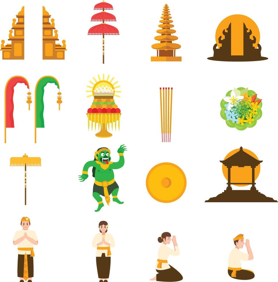 Balinese set with traditional items. Suitable for travel websites, cultural blogs, and tourism brochures showcasing authentic Balinese culture. vector