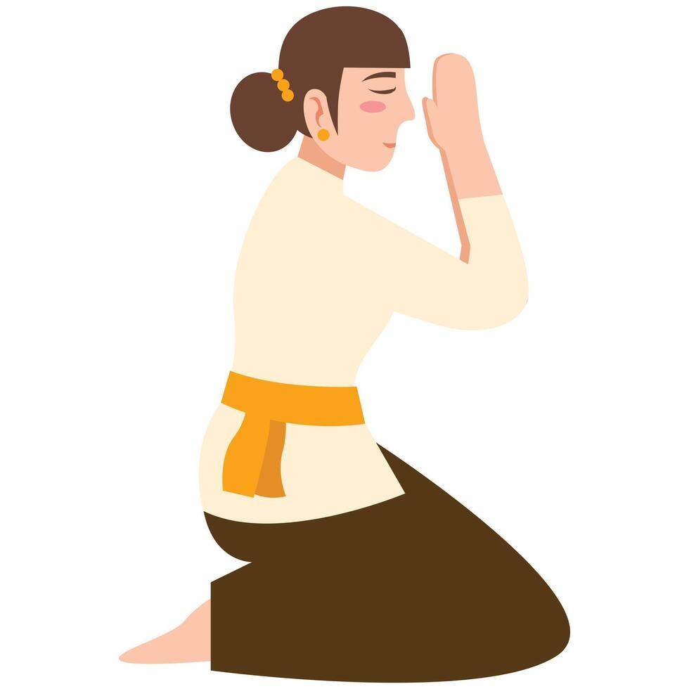 Woman in a Balinese outfit praying in a spiritual setting ideal for cultural and religiousthemed nyepi , silent day, galungan and kuningan design projects and travel promotions. vector