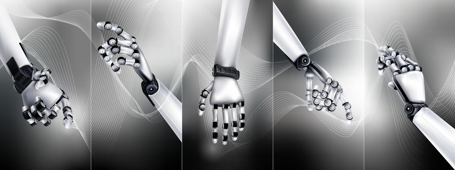 Black and white infographic with robotic arms at different angles vector