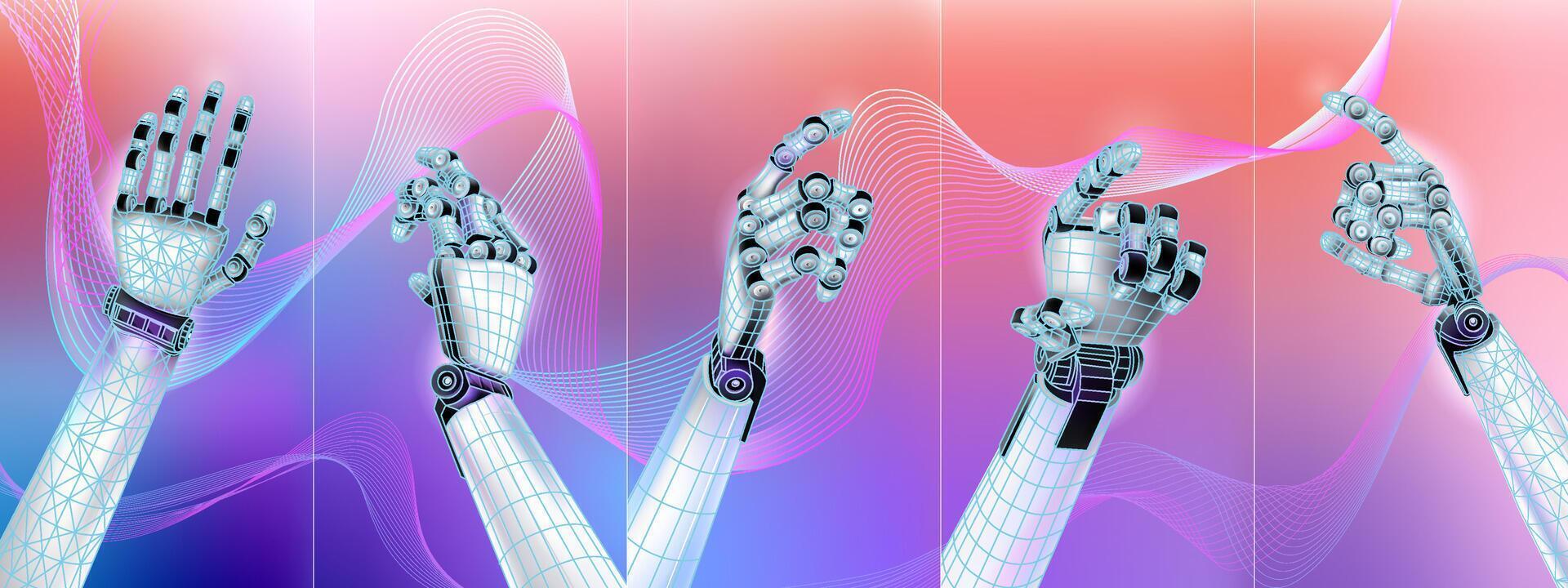 Abstract set of robotic hands with gesture options in virtual space vector