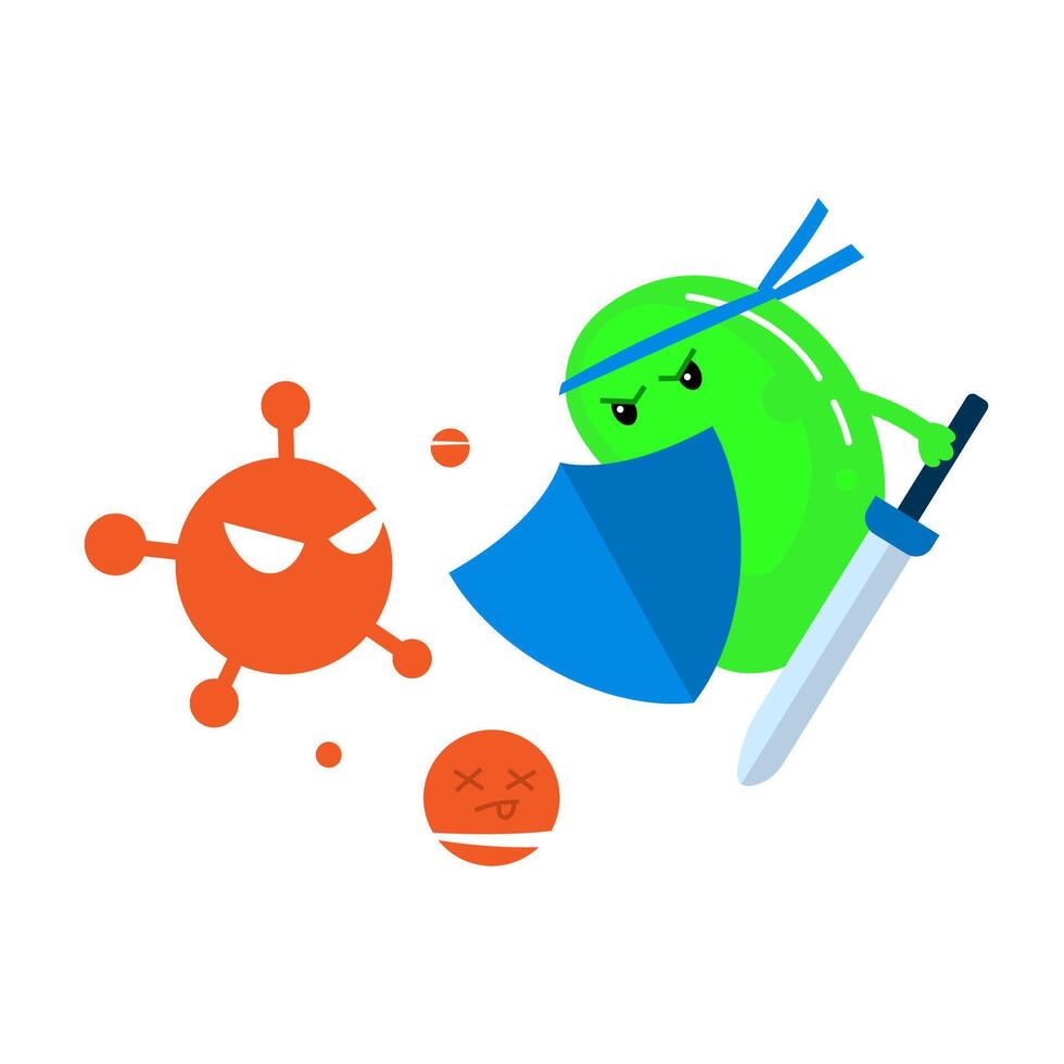 Flat illustration of good bacteria fighting harmful bacteria, symbolizing probiotics, gut health, and immune support. microbial battle concept represents microbiome balance vector