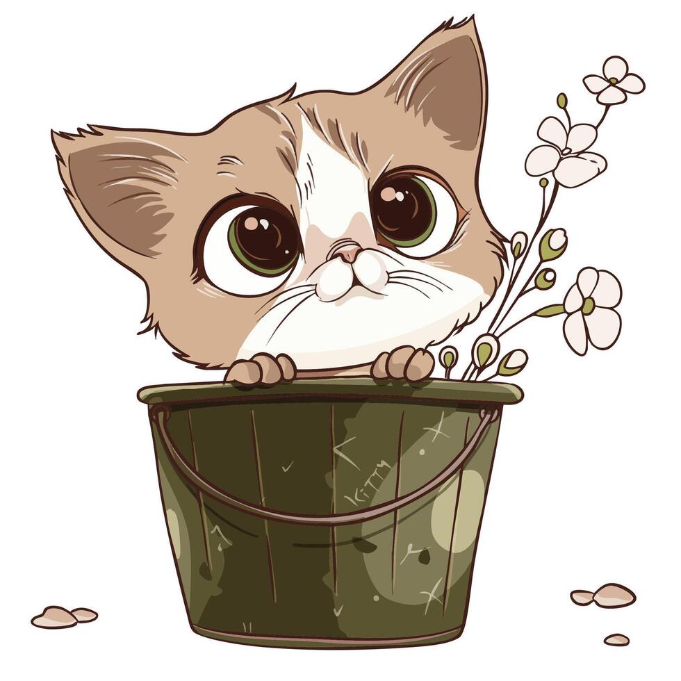 cute cartoon cat peeking out of green bucket with flowers, expressing curiosity and playfulness vector