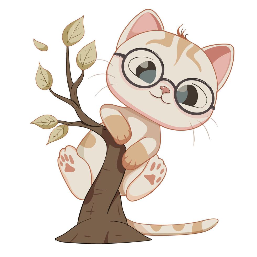 Cute cartoon cat with glasses climbing tree, surrounded by leaves. This playful illustration captures whimsical and cheerful vibe, perfect for cat lovers vector