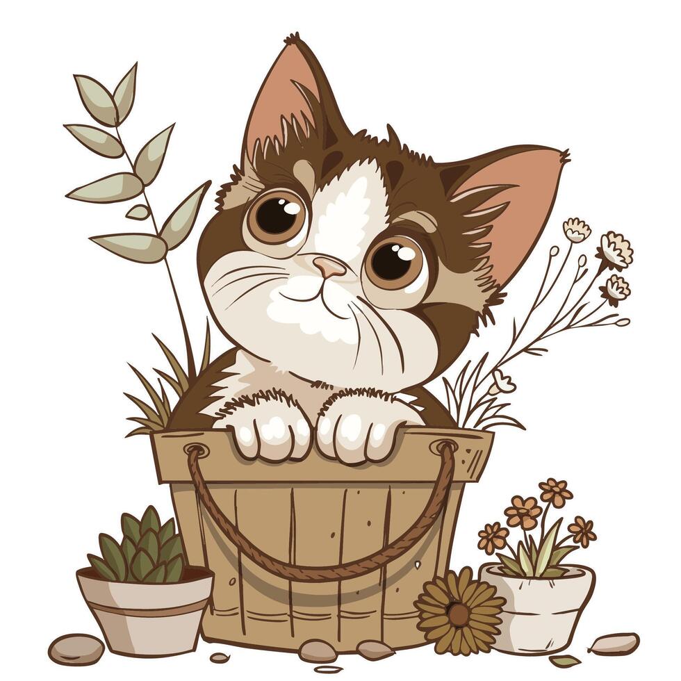 Cute cat in flower pot surrounded by plants and flowers, showcasing playful and charming expression. This delightful illustration captures essence of nature and companionship vector