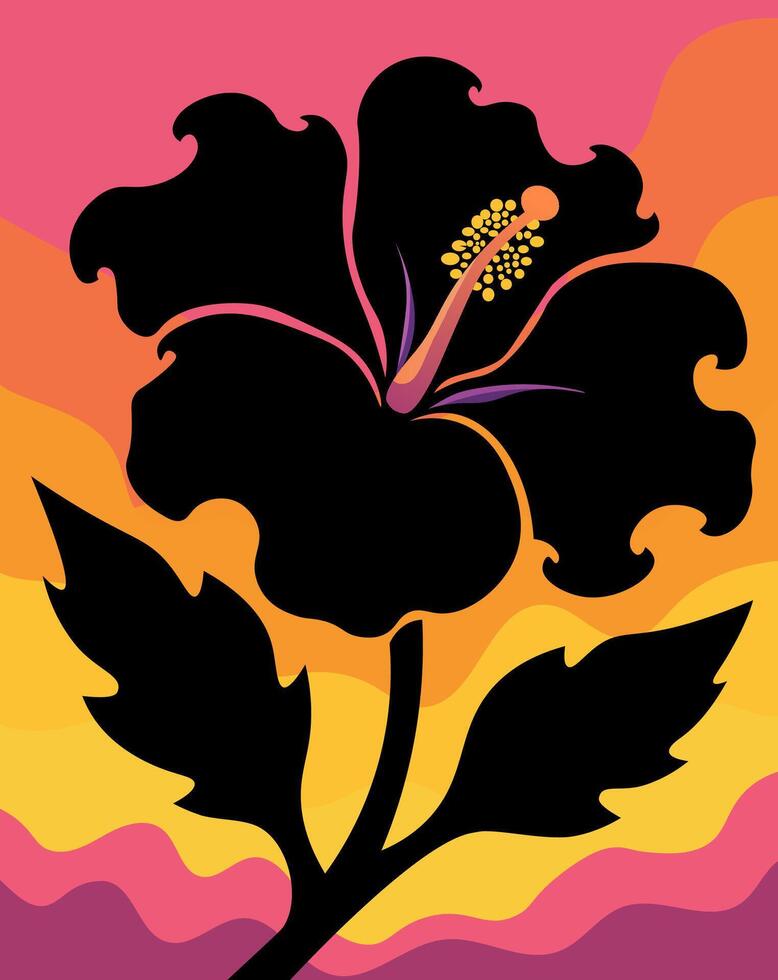 Portrait illustration of hibiscus flower silhouette with sunset summer vibes background vector