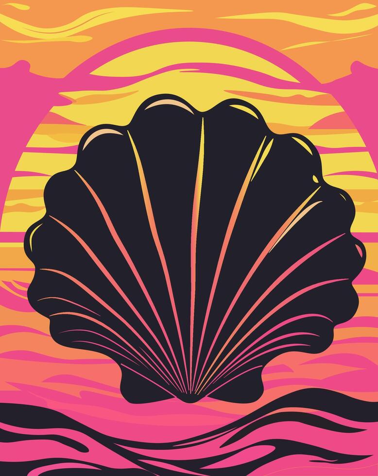 Portrait illustration of silhouette shells with sunset summer vibes background vector