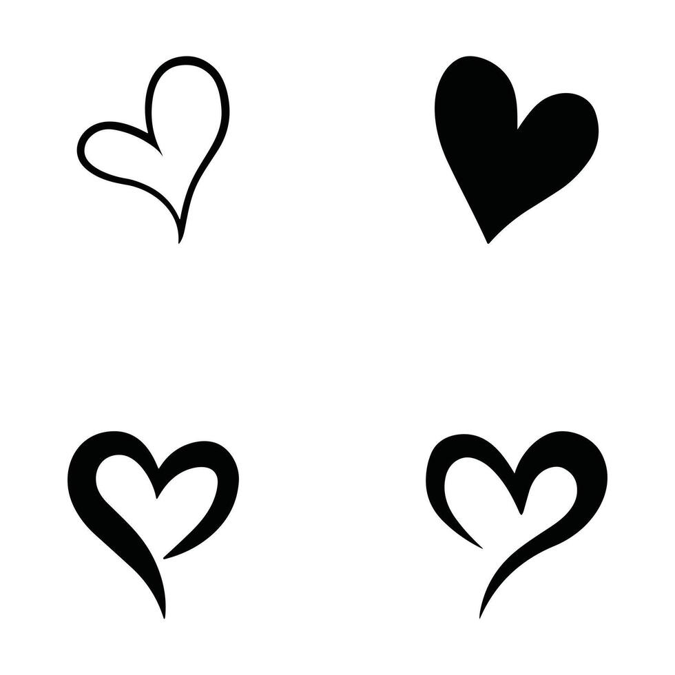 Four simple, stylized heart shapes in black and white. vector