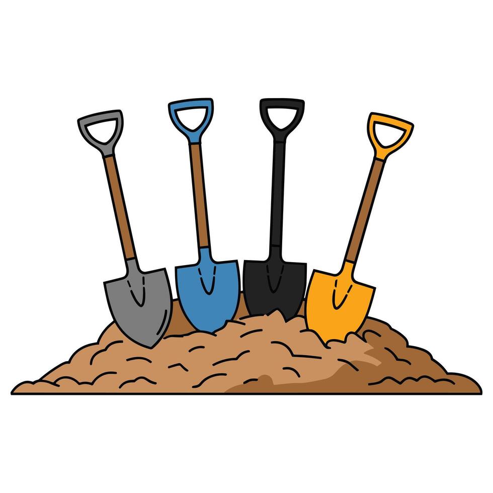 Four colorful shovels resting in a pile of earth vector