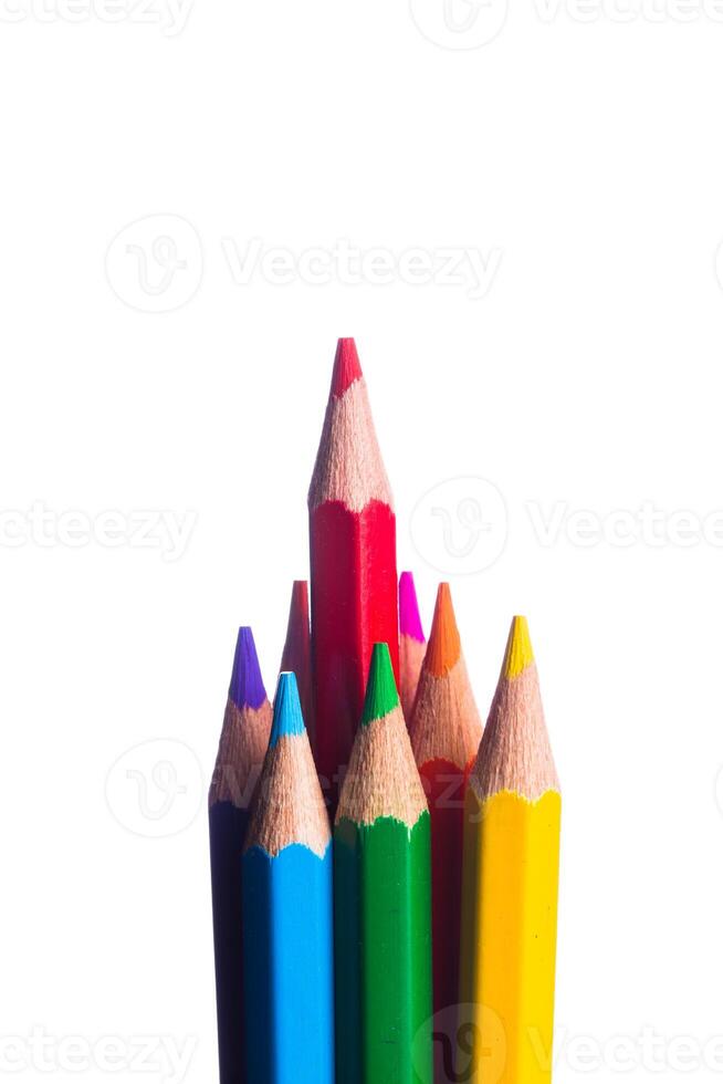 Colorful collection of pencils arranged creatively against a white background photo