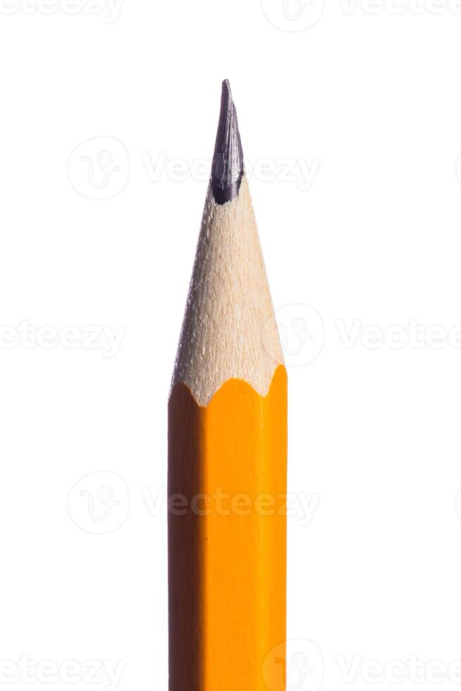 Bright yellow pencil with a sharp tip on a white background ready for drawing or writing tasks photo