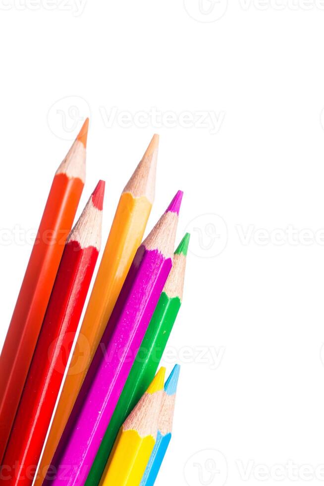 Bright colored pencils arranged together on a white background for artistic expression and creativity photo