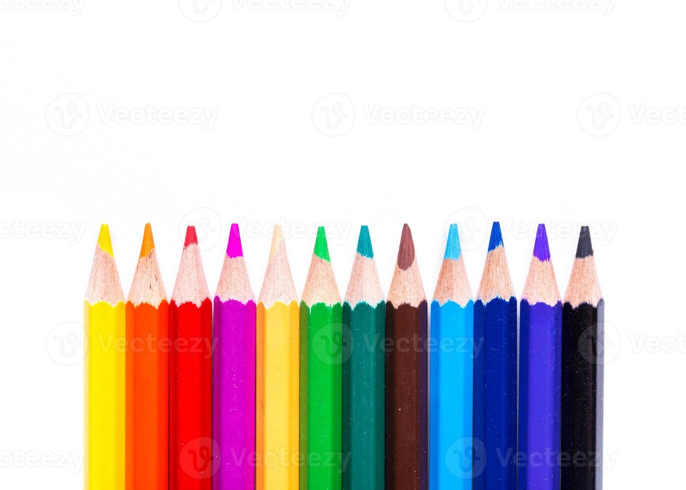 Colorful collection of sharpened pencils arranged in a straight line against a plain white background photo