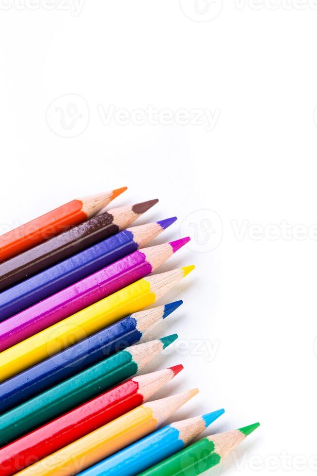 Vibrant colored pencils arranged neatly on a white background for artistic creativity and expression photo
