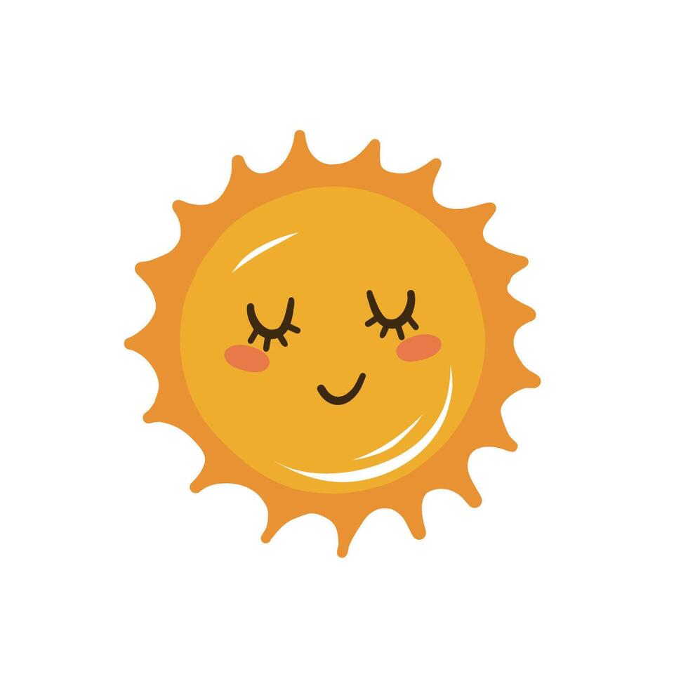 Hand drawn funny cute sun icon illustration. Children's flat illustration. White isolated background. vector