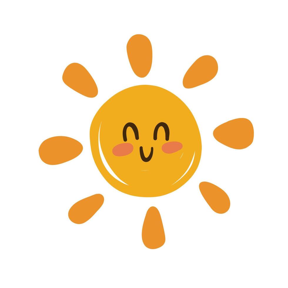 Cute sun in cartoon style. Sun with rays and smile. Children's illustration. Print. Children's flat illustration. White isolated background. vector