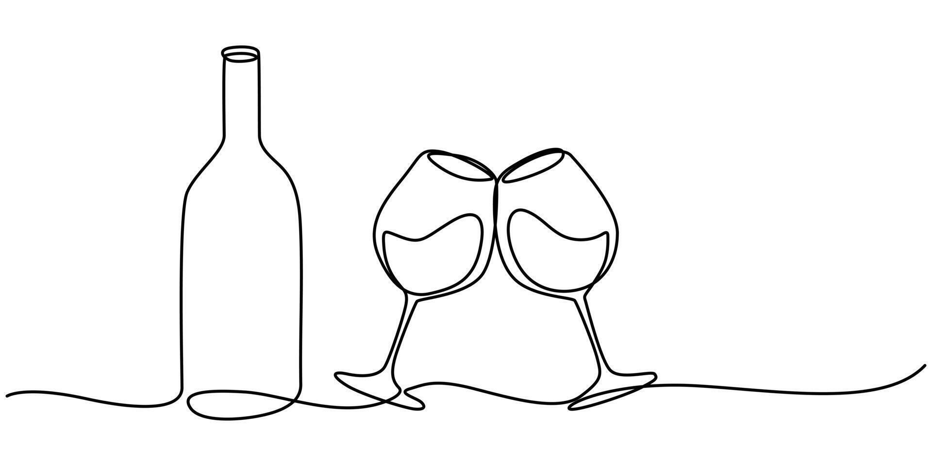 Bottle of wine and a glass are depicted in a continuous one line drawing style vector