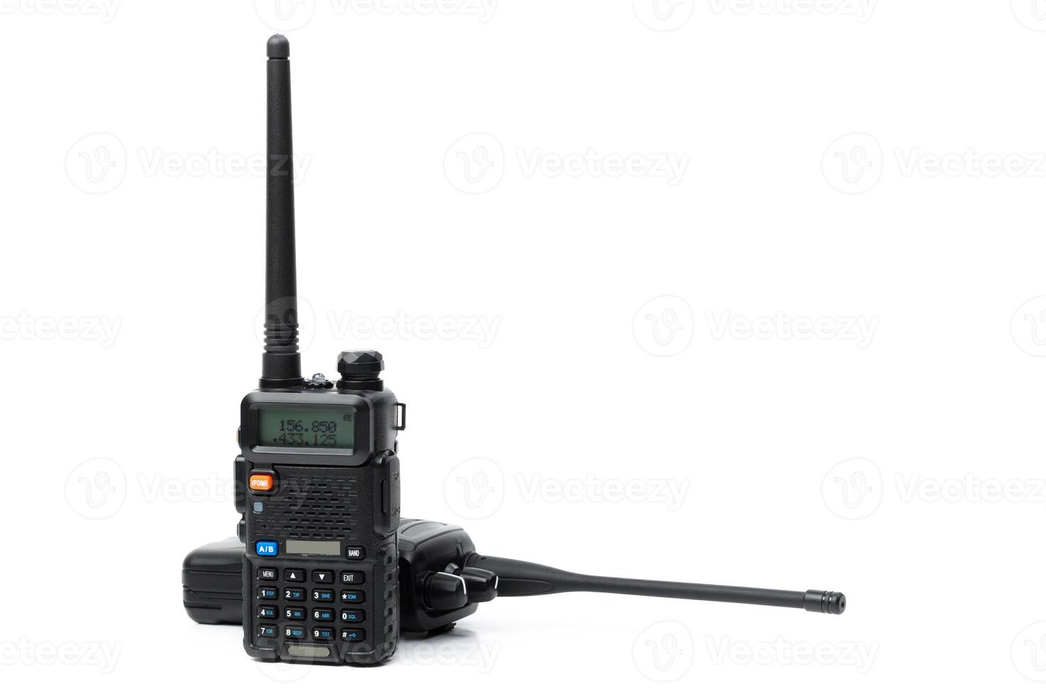 Handheld communication device with dual antennas on a white background showcasing features and design photo