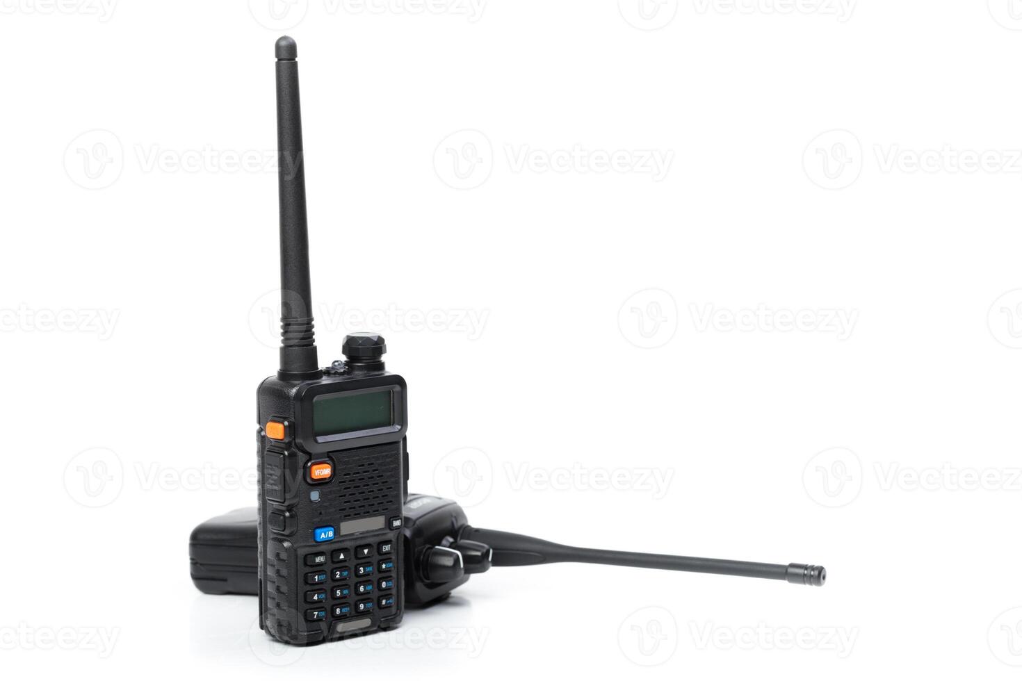 Portable two-way radio with dual antennas and keypad for communication in outdoor activities photo