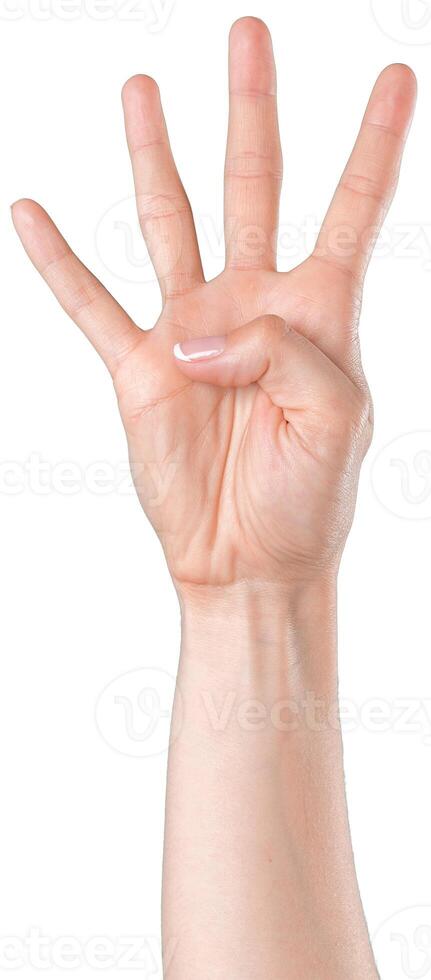 Hand showing four fingers in a gesture, symbolizing number four during a bright and clear day photo
