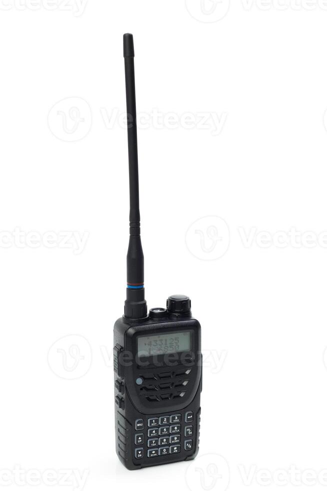 Portable two-way radio designed for communication in outdoor activities and emergency situations, featuring adjustable antenna photo