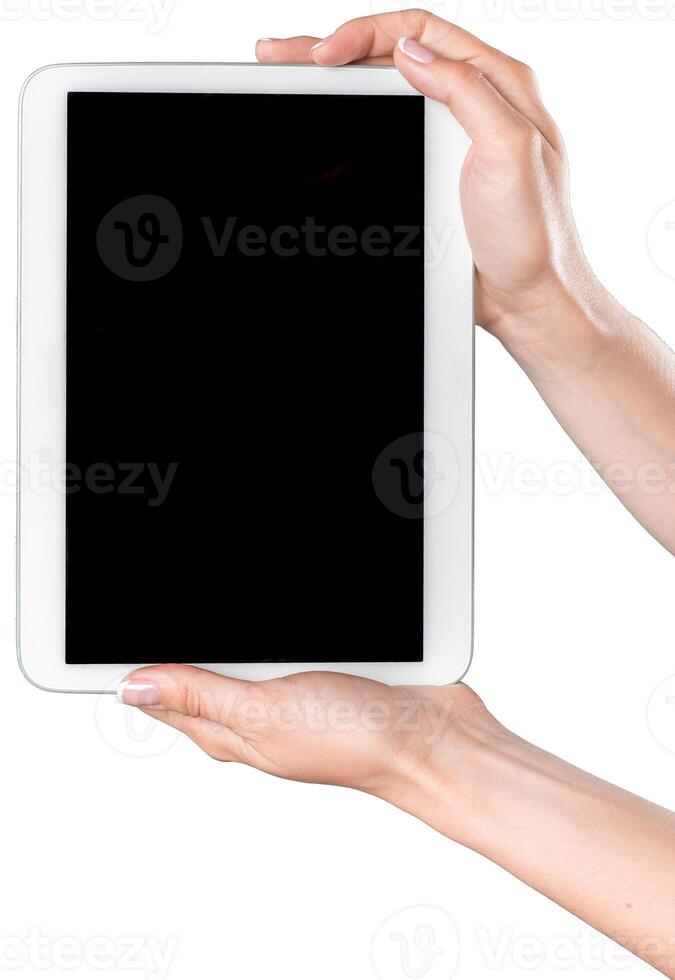 Hands holding a blank tablet in a well-lit space, perfect for digital creativity and presentations photo