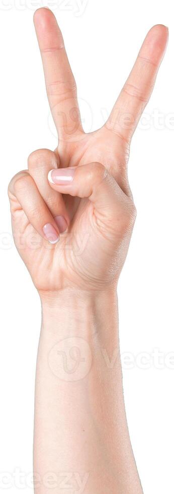 Hand showing peace sign against a clean background during a calm moment of expression in a serene atmosphere photo