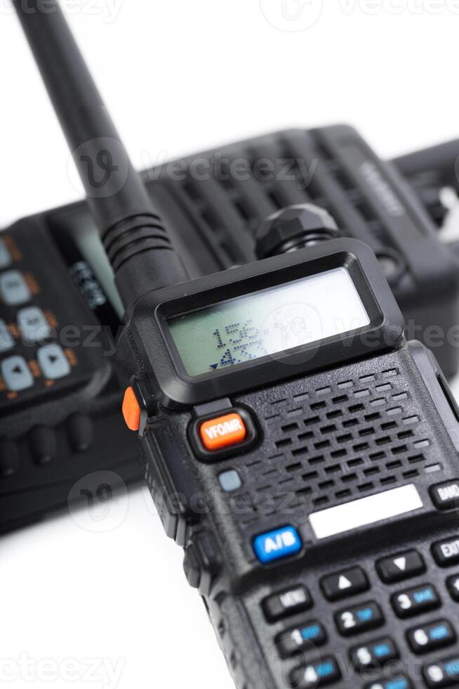Two-way radio equipment set up for outdoor communication during field operations photo