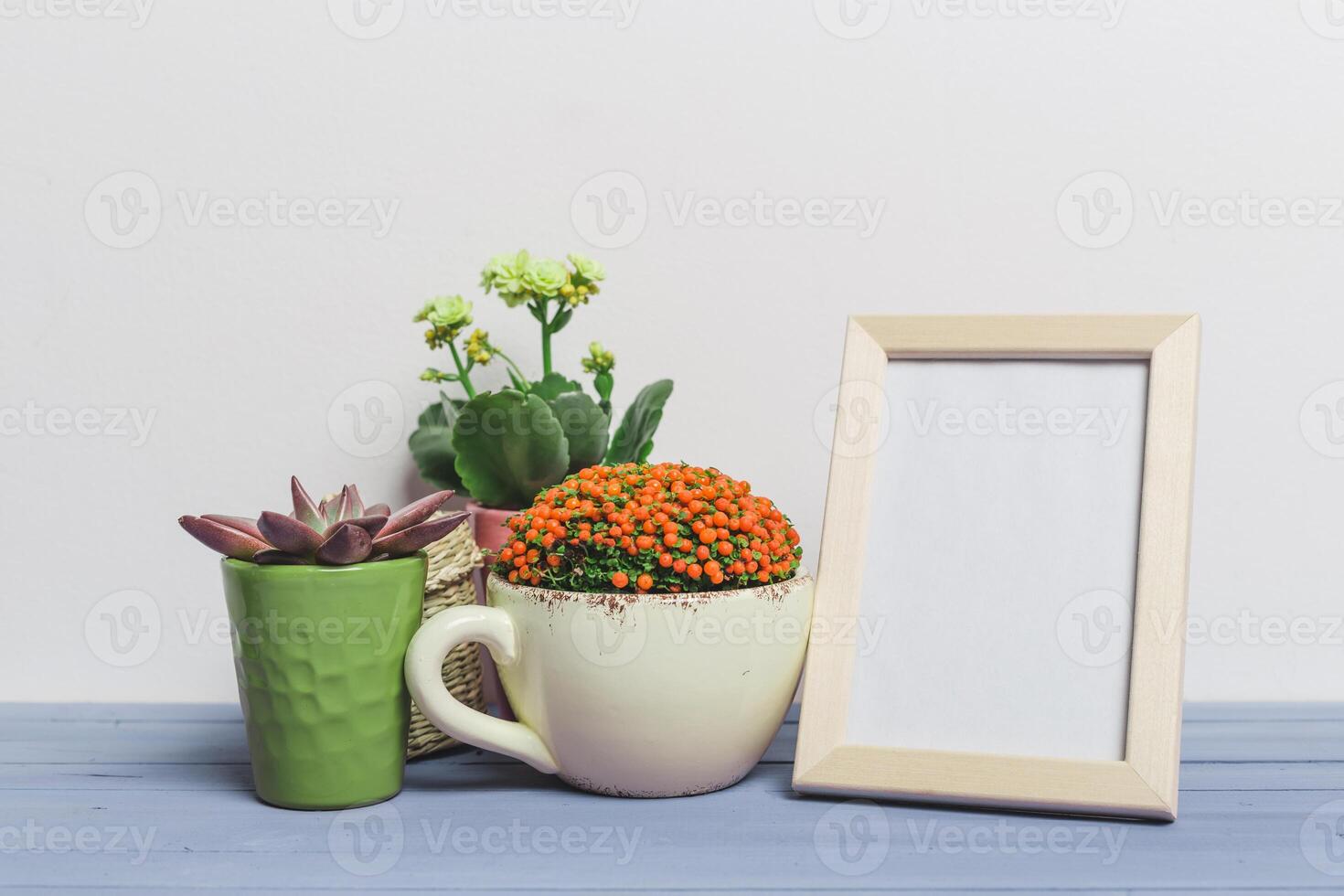 Colorful potted plants arranged with a blank frame on a wooden surface photo