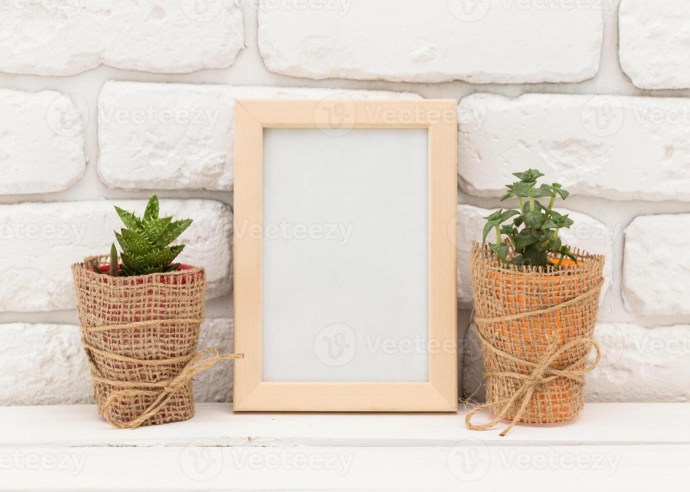 Decorative plants in woven pots with a blank frame on a white brick wall shelf photo