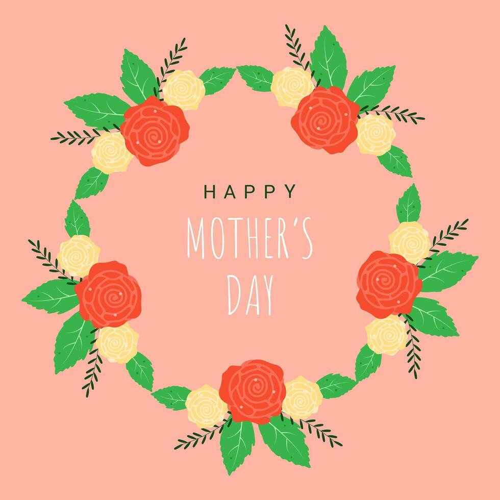 Mother's Day card with round floral frame of roses, leaves, branches and congratulatory text.Illustration on pink background. vector