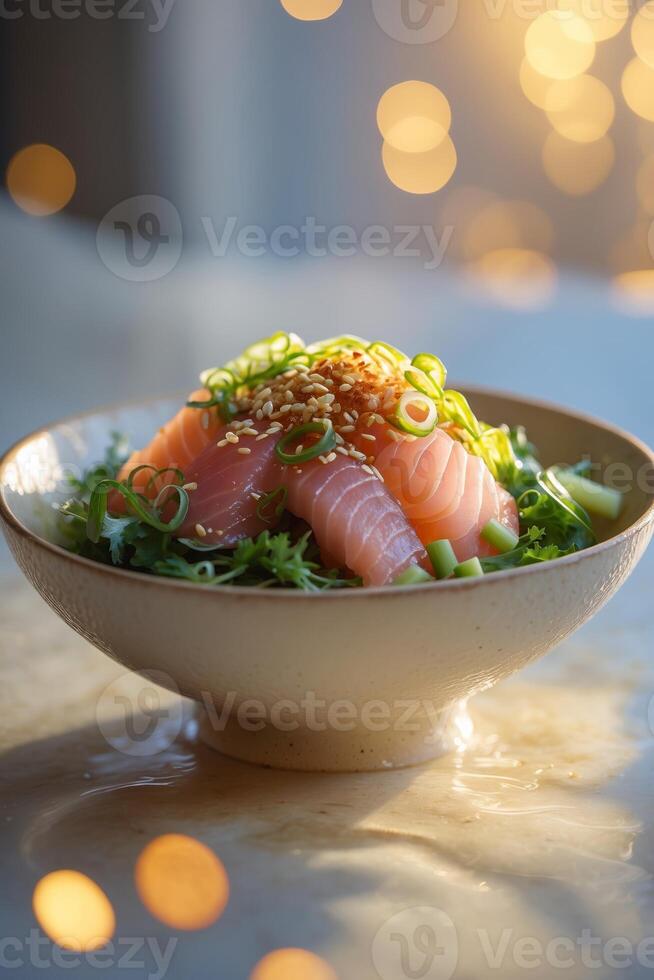 Fresh salmon sashimi served on a bed of greens garnished with sesame seeds and scallions in a softly lit ambiance photo