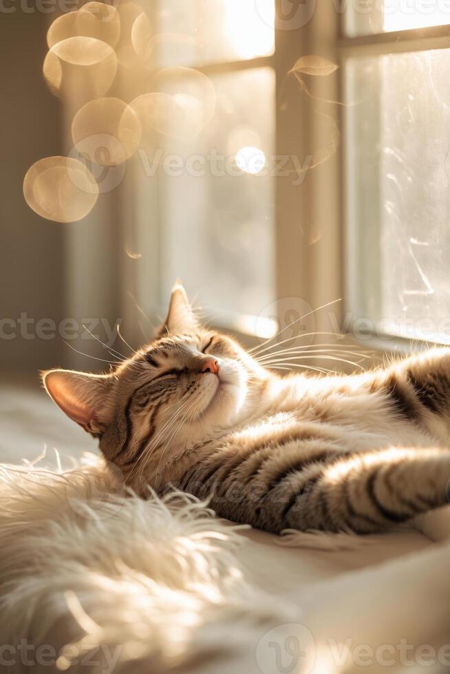 Cat relaxing in sunlight with gentle reflections in a cozy indoor setting during golden hour photo