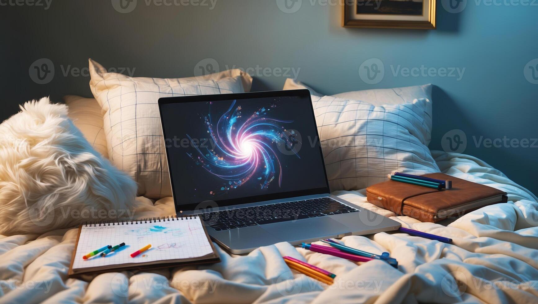 Cozy workspace with laptop and creative supplies in a warm bedroom setting during evening hours photo