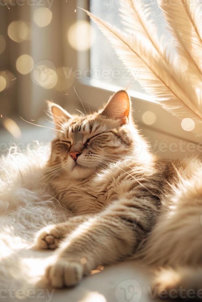 Cozy tabby cat enjoying a sunny afternoon nap by the window with soft light filtering in photo