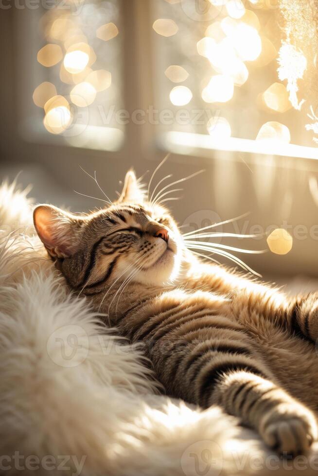 Relaxing tabby cat basking in warm sunlight by a window with twinkling lights during a cozy afternoon photo