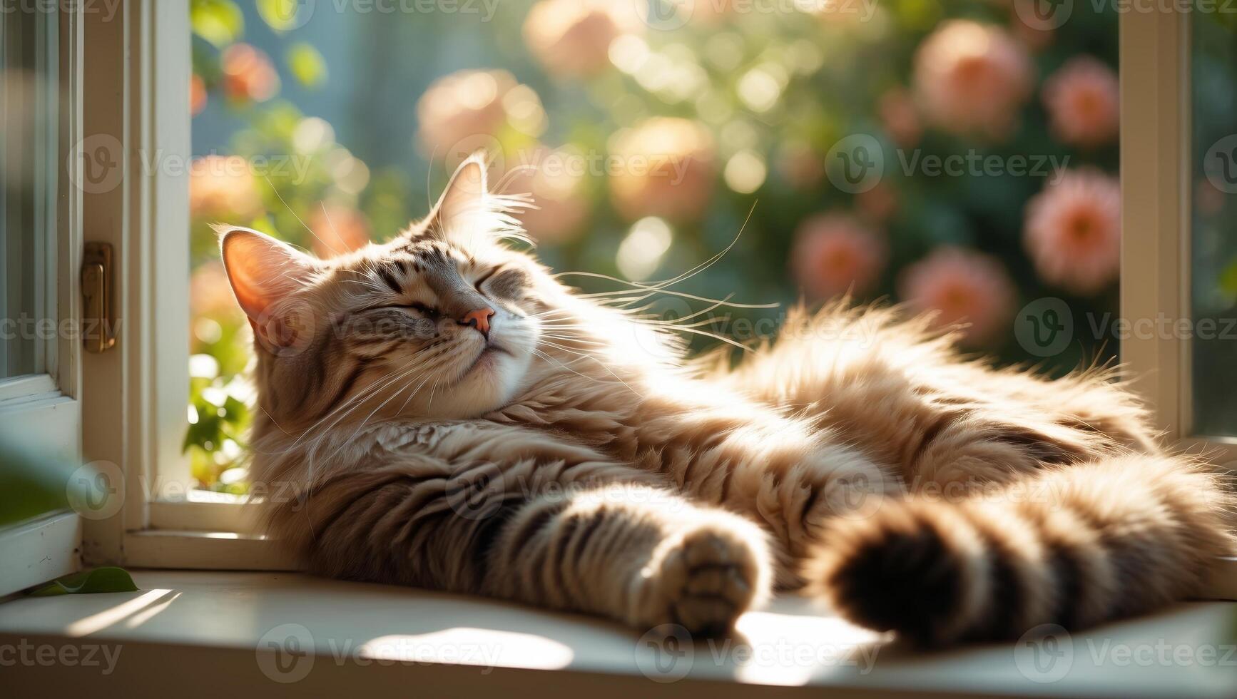 Cat relaxes by the window, basking in the sunlight amidst blooming roses in a serene indoor garden photo