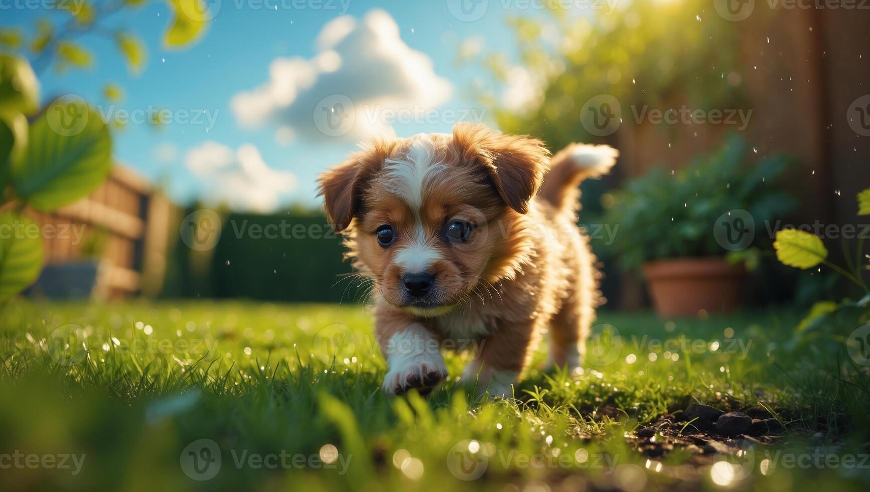 Cute playful puppy exploring a sunny garden filled with vibrant greenery and sunlight in the early afternoon photo