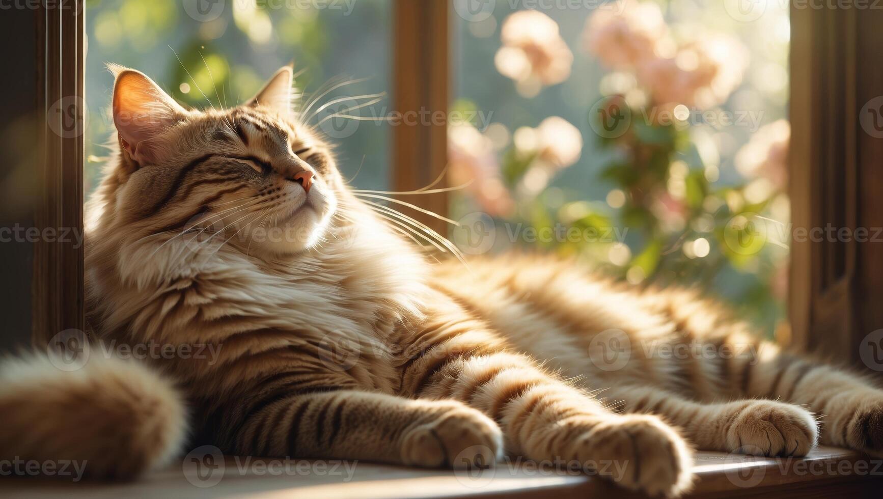 Cat enjoying sunlight by the window with blooming flowers in the background during late afternoon photo