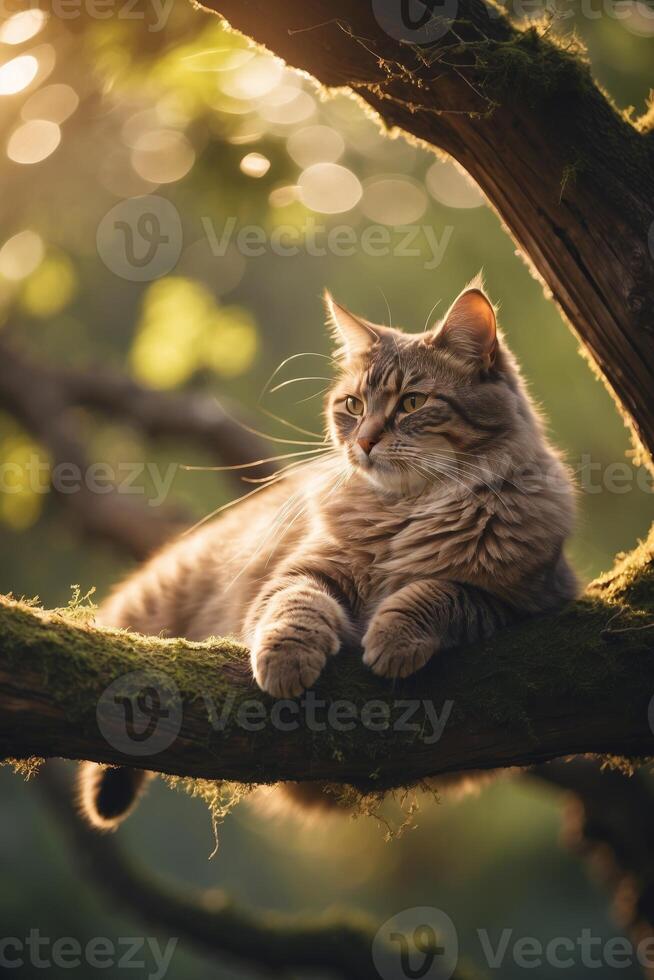 Majestic cat resting on a mossy branch in a sunlit forest during golden hour photo