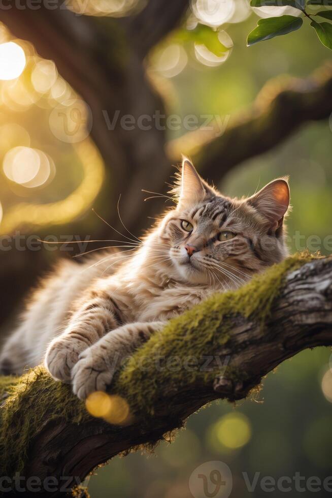 Tabby cat relaxing on a moss-covered tree branch in golden sunlight during a peaceful afternoon photo